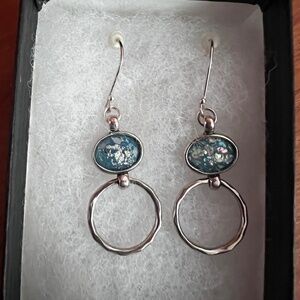 Blue Roman Glass Sterling Hoop Earrings - New